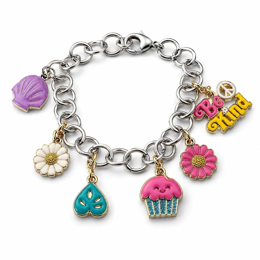 Kids Colorful Enamel Charm Bracelet Silver Tone Be Kind Cupcake Flower Shell
